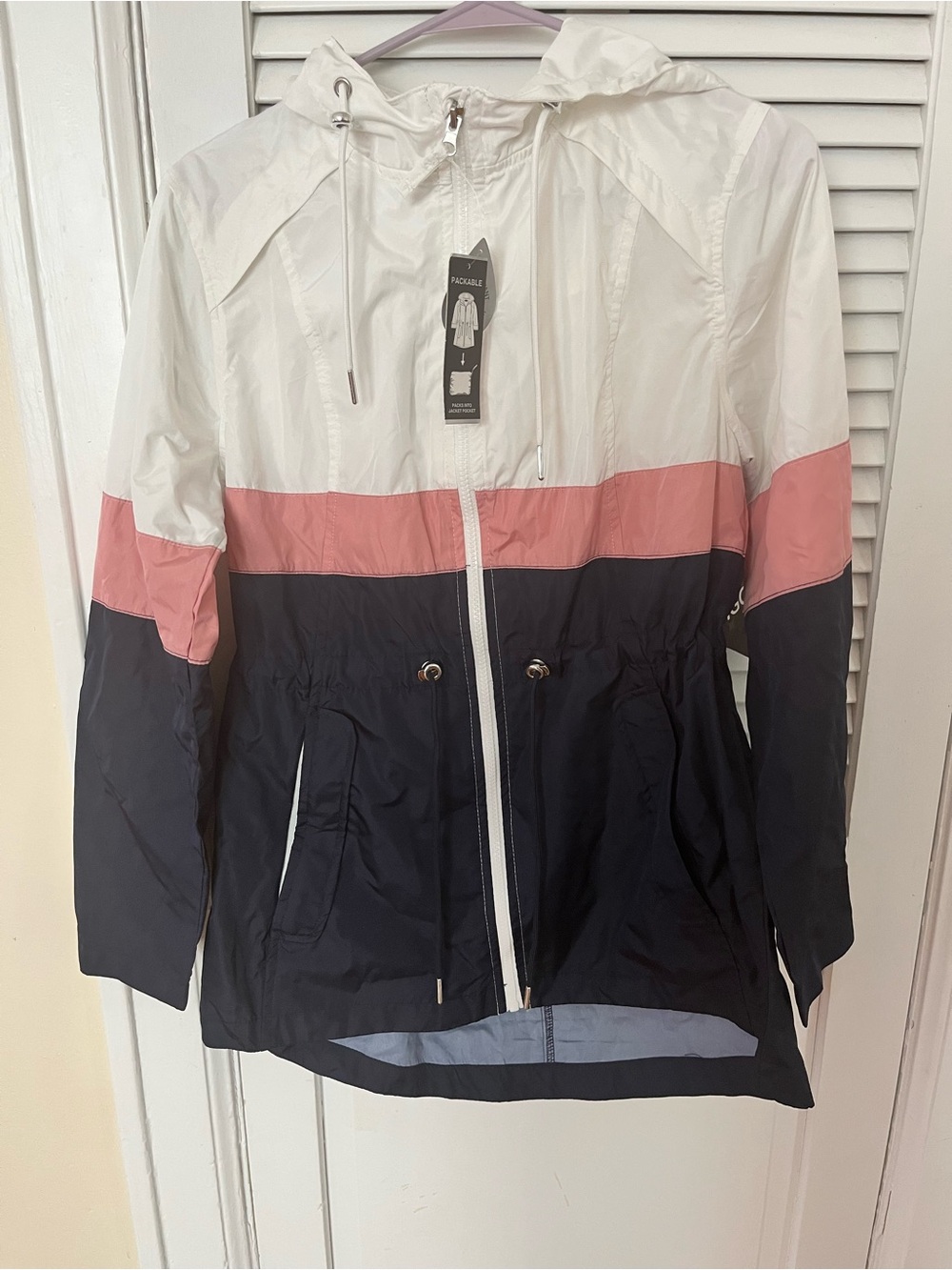 Big Chill Colorblock Packable Utility Jacket in White, Pink & Navy